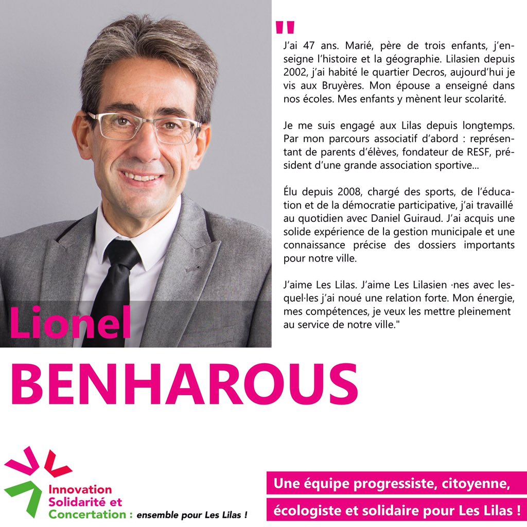 ✅ Nos candidat·es efficaces et engagé·es pour Les Lilas !
👇 Aujourd'hui, c'est <a href="/LionelBenharous/">Lionel Benharous</a>, tête de liste
#LionelBenharous2020 #LesLilas2020 #EnsembleLesLilas