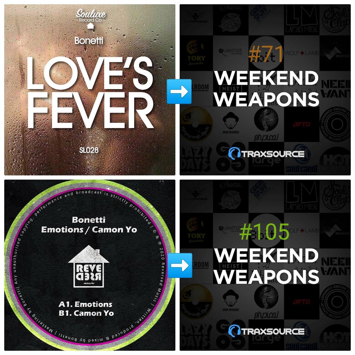 __Bonetti's tweet photo. Two of my recent tracks on #Souluxe and #ReversedMusic have been included today in the 'Weekend Weapons' @traxsource's list.
Get my new stuff on this mentioned digital store: https://t.co/VkjEdk4wkM https://t.co/zx8jAG70tN