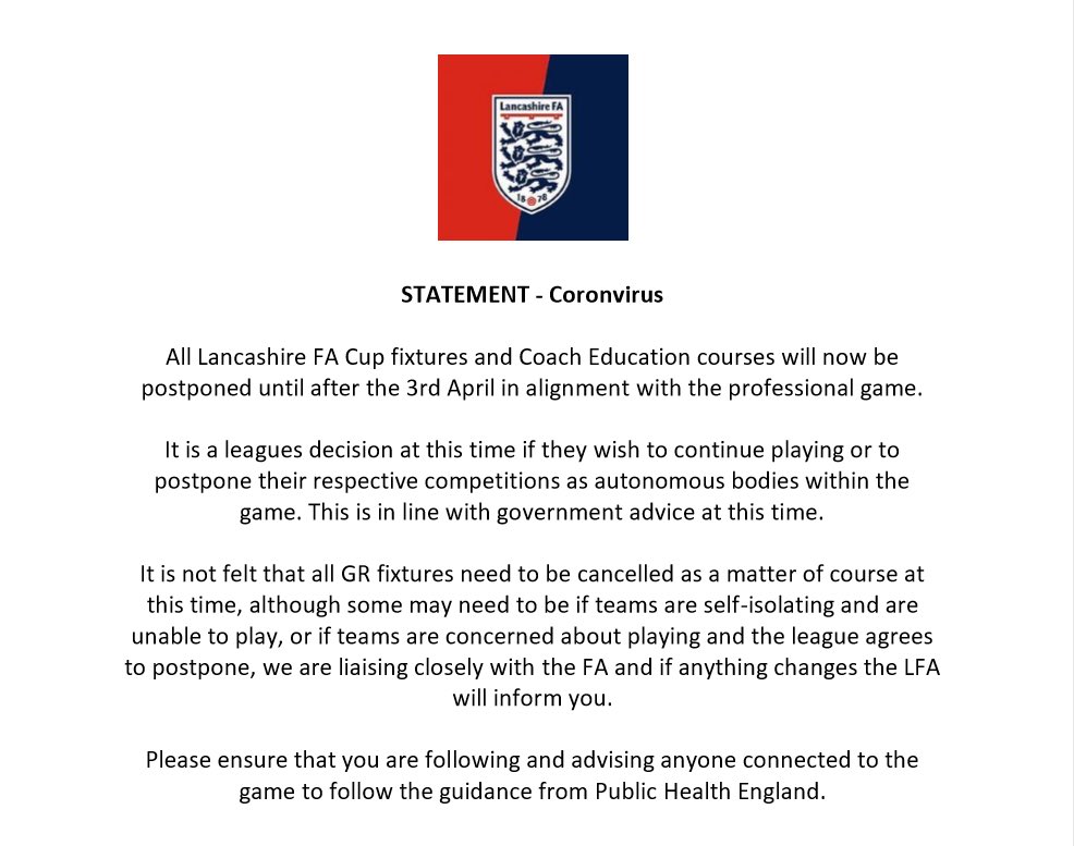 LancashireFA's tweet image. STATEMENT: Coronvirus update. 

All Lancashire FA Cup fixtures and coach education courses will be postponed until after 3 April.

A full statement will be released later this evening.