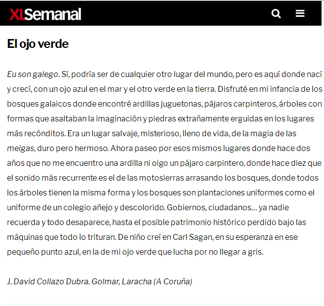 jdavid1579's tweet photo. El Ojo Verde. Domingo 12 de Marzo en la revista XLSemanal https://t.co/jUh9xKyygC