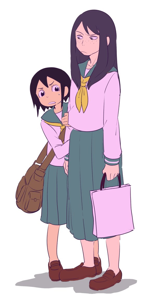 multiple girls 2girls school uniform bag black hair skirt long hair  illustration images