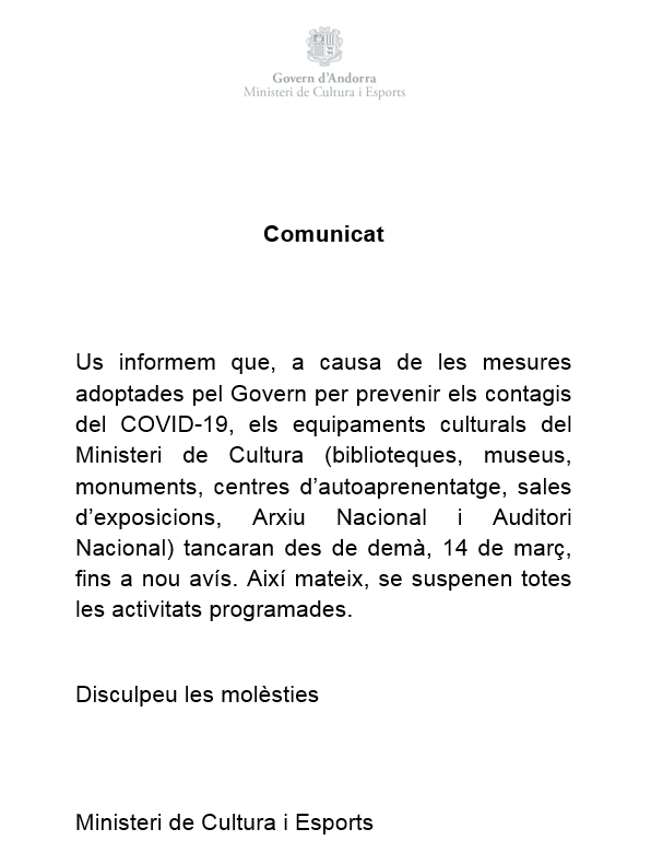 Arxiu_Andorra's tweet photo. Benvolguts amics,

Us informen que amb motiu de la crisi del COVID-19 l’Arxiu Nacional romandrà tancat fins a nou avís.
Per qualsevol consulta us podeu adreçar al tel. 802288 o bé al correu arxiu_nacional_andorra@govern.ad
Disculpeu les molèsties https://t.co/65v0detGgX
