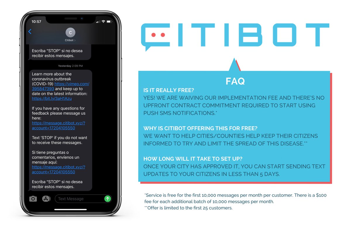 citibot_io's tweet photo. We're offering F R E E push SMS notification services for 60 days to a limited number of cities and counties to keep citizens updated on COVID-19.

Learn more: https://t.co/r7FJxWeIlp

#TextCitibot #CustomerService #LocalGov #GovTech #CivicTech #ChatBots #AI https://t.co/xTsyn7FRyp