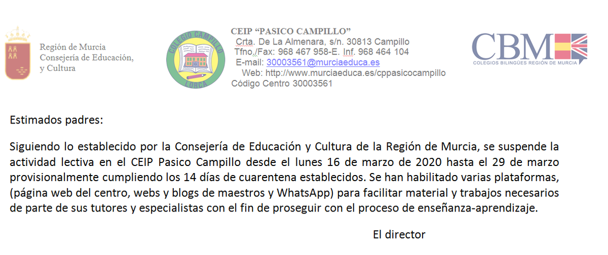 CeipCampillo's tweet photo. Suspensión actividad lectiva, desde el 16 de marzo hasta el 29 de marzo. @Educarm @AytoLorca @AmpaCampillo https://t.co/3KkjJVSFFM