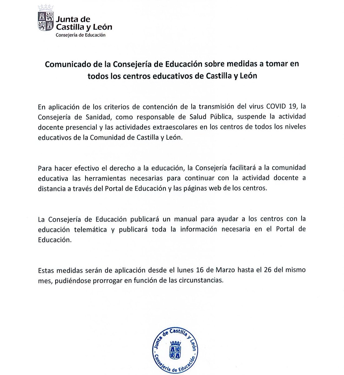 🔊 La Consejería de Educación suspende la actividad docente presencial y extraescolares en los centros de todos los niveles educativos de Castilla y León.