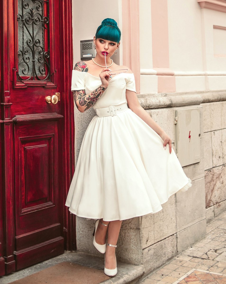 Pure & angelic... @misspsychocat showing off our Dee Dee dress in ivory  drape. . . . . . . . #britishretroclothing #britishretro #50sdress  #50sstyle #1950sfashion #fifties #vintageinspired #vintagefashion  #madeinlondon #weddingdress #bridesmaids ...