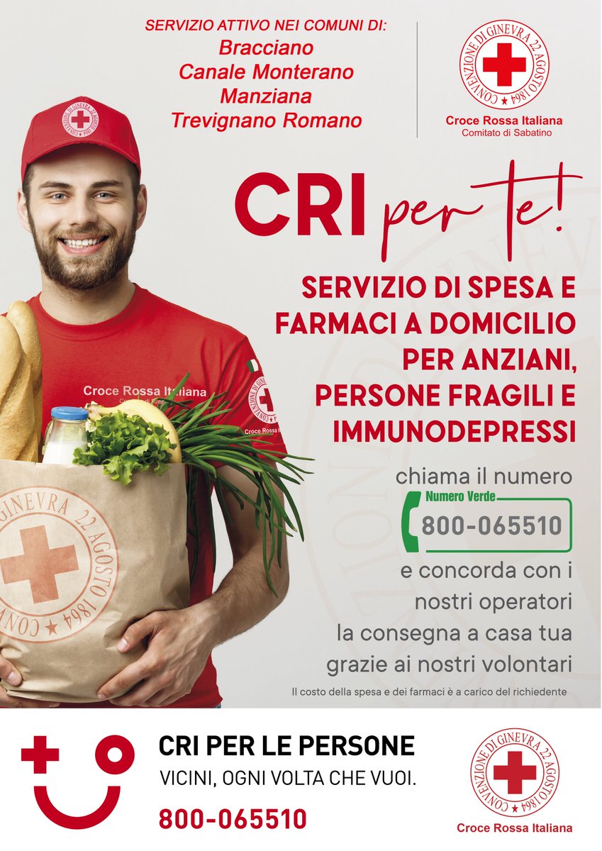 Il nostro impegno a fianco dei più vulnerabili!
Ad #AnguillaraSabazia il servizio di assistenza potrà essere richiesto chiamando lo 06 999 42 88.
Per assistenza a #Bracciano, #CanaleMonterano, #Manziana e #TrevignanoRomano, servizio #CRIperlepersone al numero verde 800 06 55 10.