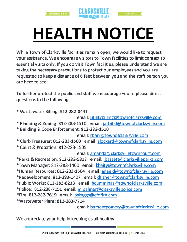 TownClarksville's tweet photo. A special health notice from the Town of Clarksville Administration. https://t.co/UnMtEKPZXw
