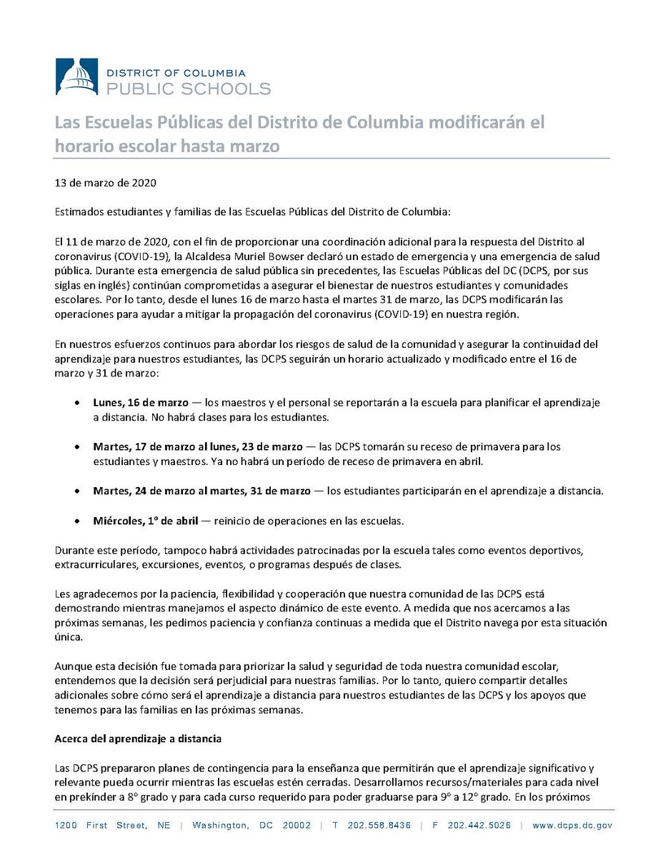 dcpublicschools's tweet image. En nuestros esfuerzos continuos para reducir los riesgos de salud de la comunidad y asegurar la continuidad del
aprendizaje para nuestros estudiantes, DCPS seguirán un horario actualizado y modificado entre el 16 de
marzo y 31 de marzo:
