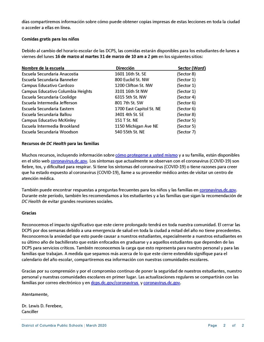 dcpublicschools's tweet image. En nuestros esfuerzos continuos para reducir los riesgos de salud de la comunidad y asegurar la continuidad del
aprendizaje para nuestros estudiantes, DCPS seguirán un horario actualizado y modificado entre el 16 de
marzo y 31 de marzo: