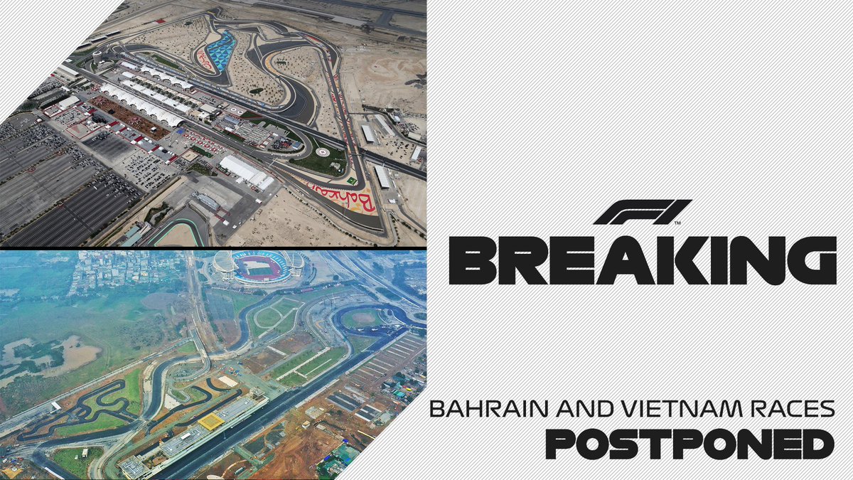 F1's tweet photo. Due to the continued global spread of COVID-19 and after ongoing discussions with the FIA, and race organisers a decision has been taken by all parties to postpone the Bahrain Grand Prix and the Vietnam Grand Prix due to take place on March 20-22 and April 3-5 respectively

#F1 https://t.co/btpFLckwtO