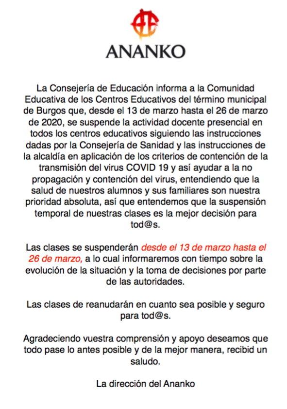 CentroAnanko's tweet photo. La salud de nuestros alumnos y sus familiares son nuestra prioridad absoluta, así que entendemos que la suspensión temporal de nuestras clases es la mejor decisión para tod@s.

Las clases se suspenderán desde el 13 de marzo hasta el 26 de marzo. https://t.co/e461ItYVeU