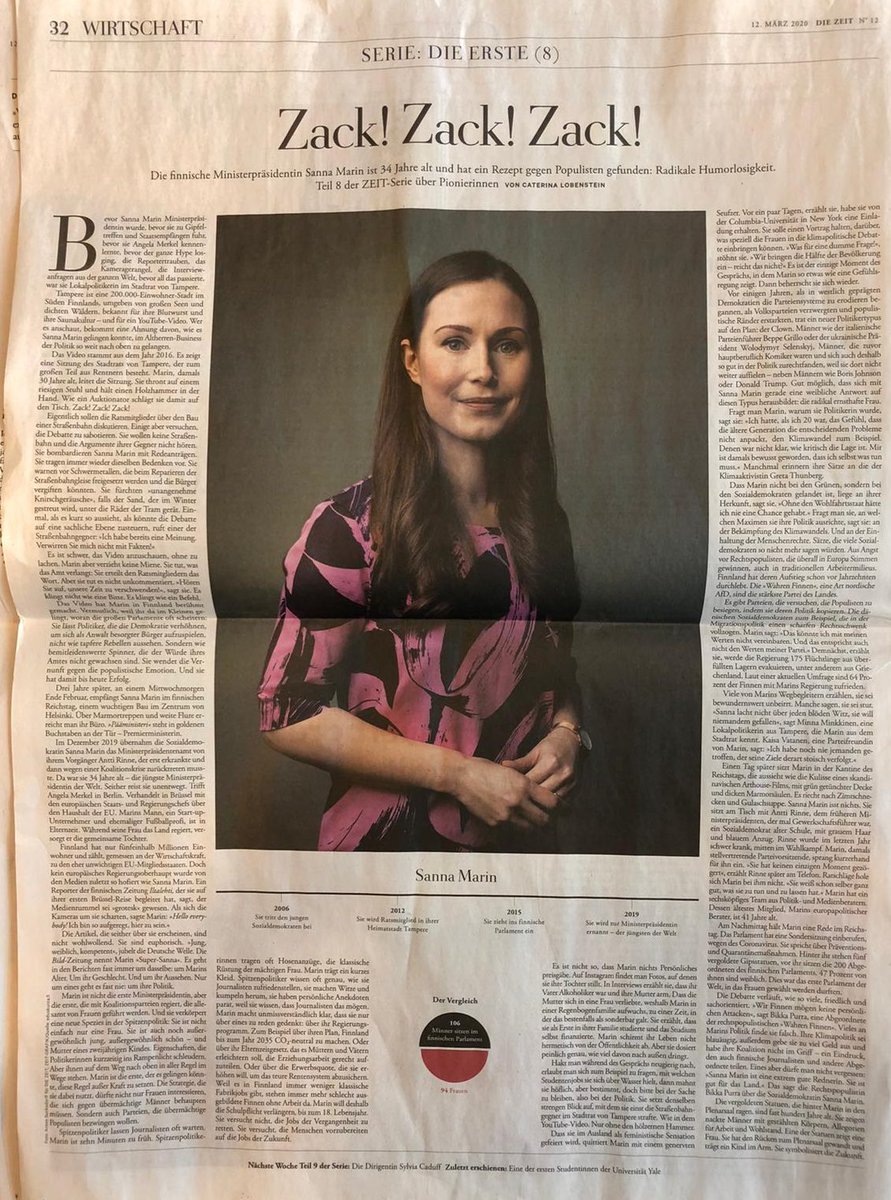 FinBotschaftDe's tweet photo. #Finnland’s Ministerpräsidentin @MarinSanna heute in der @DIEZEIT @zeitonline. In der Serie ”Die Erste” porträtiert @DIEZEIT Pionierinnen der Gegenwart. https://t.co/toFTHiu7PL @valtioneuvosto @FinGovernment #sannamarin https://t.co/0Zd4N3C9CS