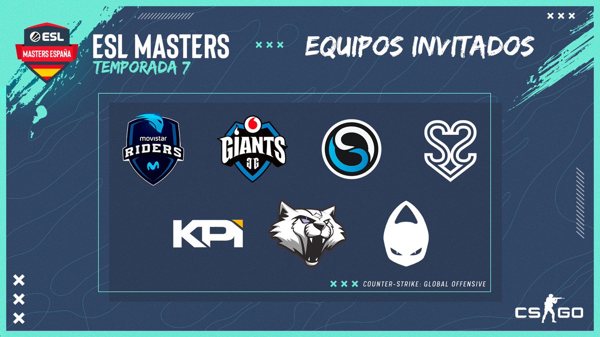 ESLspain's tweet photo. Primero hablemos de CS:GO. Os presentamos a los 7 equipos que conformarán la fase regular, a la espera de conocer al octavo clasificado.
@Offset_Esports y @S2Vesports , actuales finalistas.
@Movistar_Riders @GiantsGaming @x6tence @KPI_Gaming @Wygers como equipos invitados. Enjoy https://t.co/xAIppTjCb6