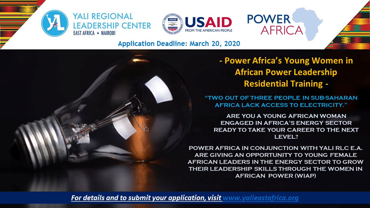 YALI RLC EA (@yalirlcea) on Twitter photo Are you a lady working in or leading a project in the energy sector across the 14 countries in East & Central Africa? Apply for the four week residential program from our website. Details in the poster below #YALITransformation
<a href="/PowerAfricaUS/">Power Africa</a>
@USAIDEastAfrica
<a href="/DeloitteKenya/">Deloitte Kenya</a> Are you a lady working in or leading a project in the energy sector across the 14 countries in East & Central Africa? Apply for the four week residential program from our website. Details in the poster below #YALITransformation
<a href="/PowerAfricaUS/">Power Africa</a>
@USAIDEastAfrica
<a href="/DeloitteKenya/">Deloitte Kenya</a>