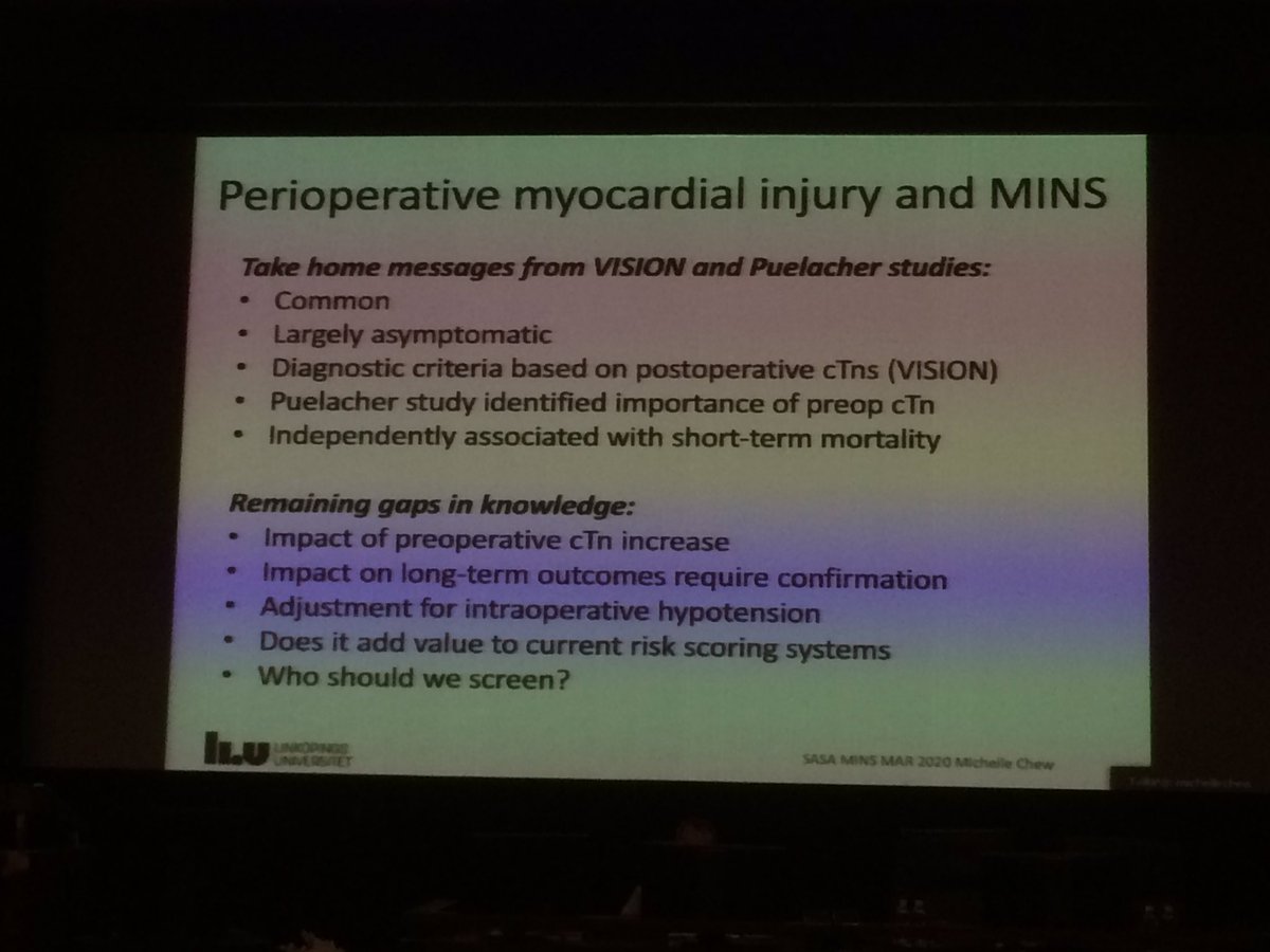 drmatthew_gibbs's tweet image. Michelle Chew #SASA20 Take home message from periop myocardial injury and MINS