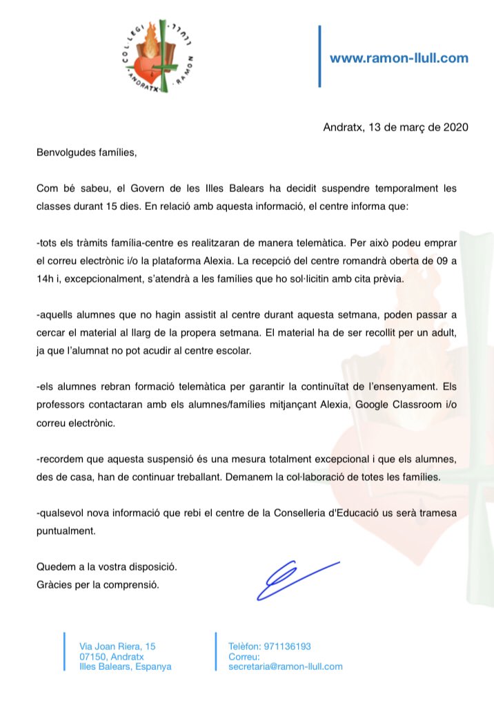 Comunicat oficial del centre.