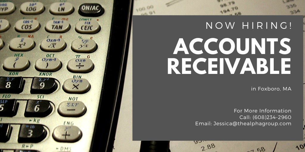 AlphaGroupJobs's tweet photo. Now Hiring! Currently seeking a qualified candidate for an Accounts Receivable position in Foxboro, MA! For more information visit https://t.co/ZLa1oSIyHj

#AccountsReceivable #Accounting #FoxboroJobs https://t.co/0Q9apZbY4m
