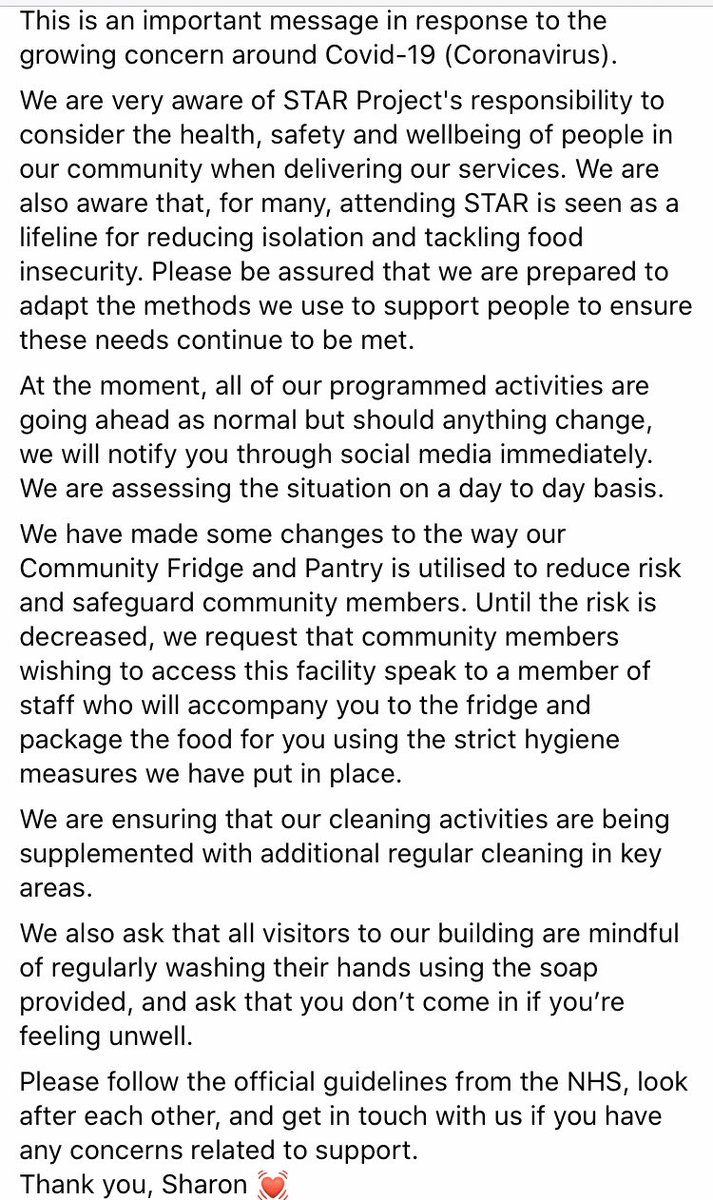 STARprojPaisley's tweet photo. See below for a statement in response to #Coronavirus concerns regarding our vital support services. We’re committed to working with partners to ensure our most vulnerable community members continue to be supported. Please RT, thank you 🙌 #TacklingPoverty #SupportEquipInclude https://t.co/4LTzUwf2hA