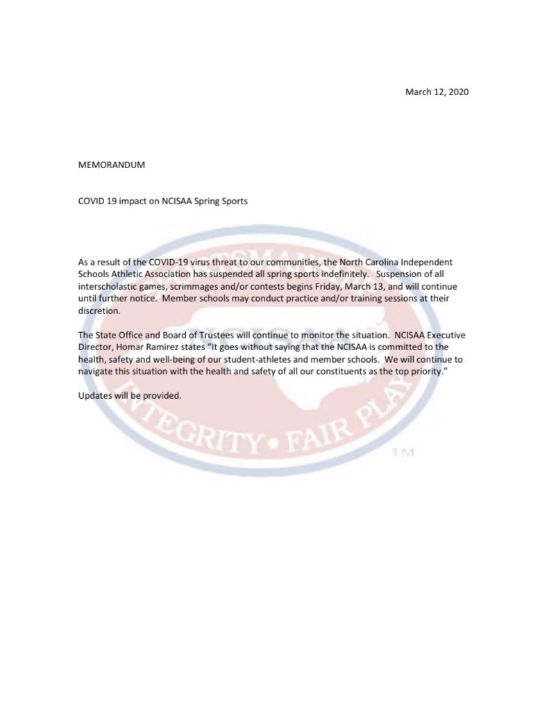 BaseballCalvary's tweet photo. Due to concerns surrounding COVID-19 the NCISAA has made the decision to suspend all spring sports indefinitely. 

Full memo here https://t.co/m3AebPasl8