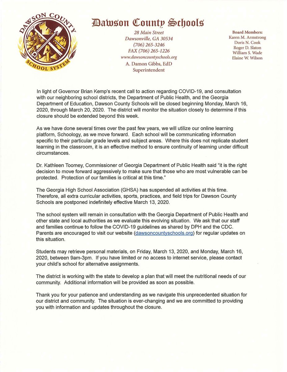 DawsonSchools's tweet photo. Please view the attached update concerning our district's response to the COVID-19 situation following the press release from Governor Kemp late yesterday. https://t.co/259VrSvVmK