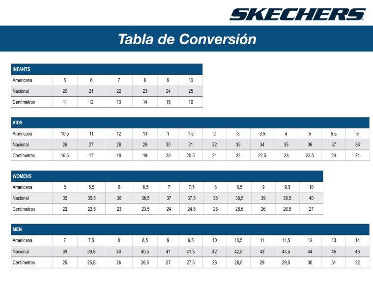 equivalencia de tallas de zapatillas skechers