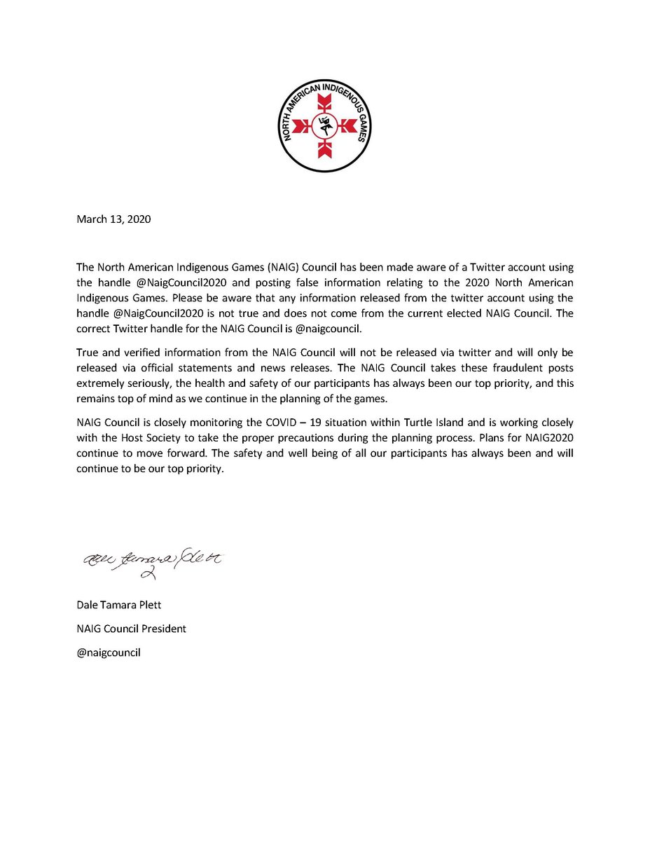 Please see official statement from NAIG Council President Dale Plett. @ASC_PEI <a href="/ISWO_ca/">Indigenous Sport & Wellness Ontario</a> <a href="/YukonASC/">YASC</a> <a href="/_MASRC/">Manitoba Aboriginal Sports & Recreation Council</a> <a href="/TeamBCNAIG/">Team BC NAIG</a> <a href="/AboriginalSC/">Aboriginal Sport Circle</a> <a href="/TeamMikmawNS/">Team Mi’kmaw Nova Scotia</a> <a href="/ASCNWT/">AboriginalSportCircleNWT</a> <a href="/TeamNunavut/">Team Nunavut</a>
