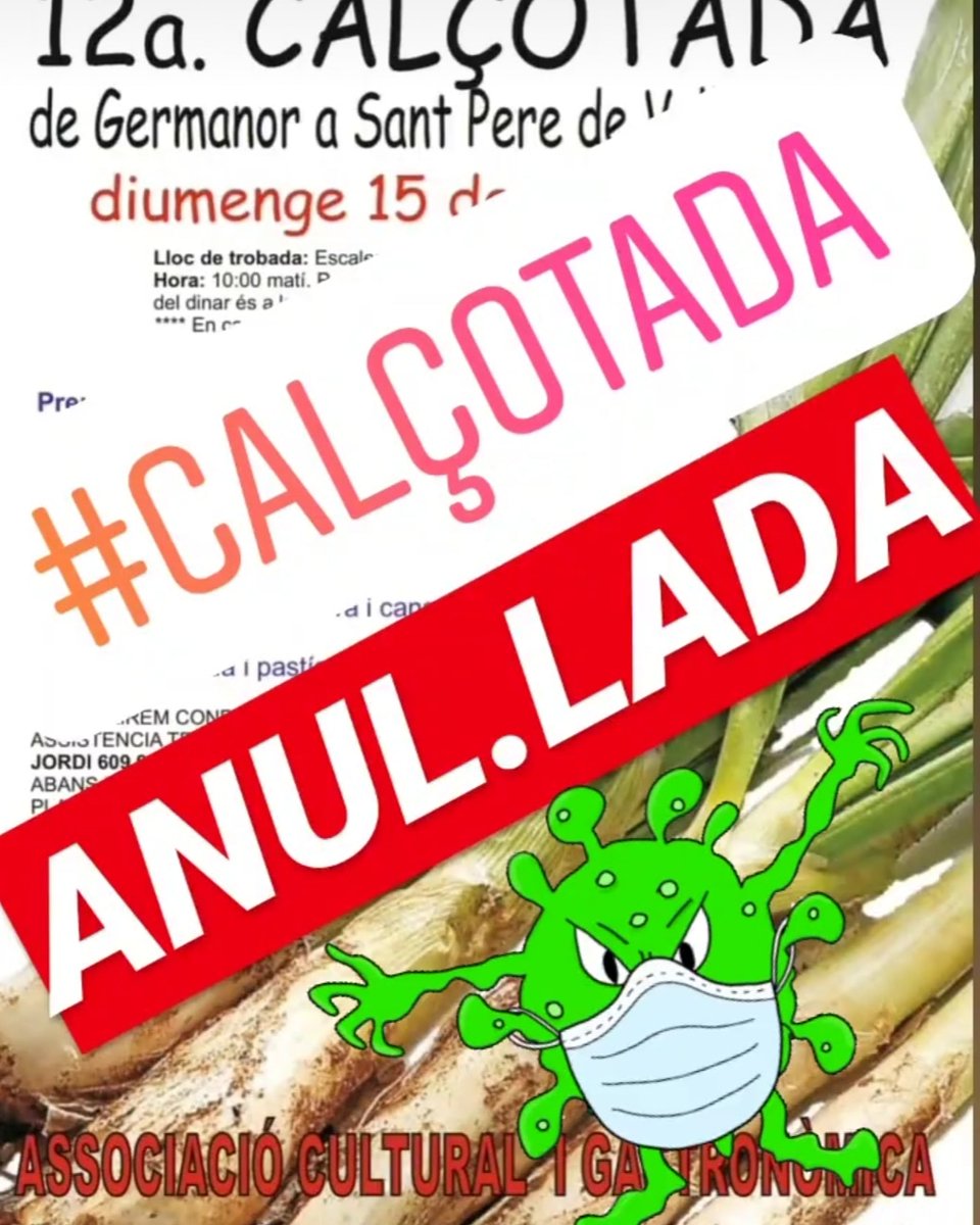 CepsiManduca's tweet photo. La #calçotada de diumenge queda ANUL.LADA 😢
#vallhonesta #SVCastellet #Bages
@SVCastellet 
#coronavirus #Covid_19 
#joemquedoacasa 
#MeQuedoEnCasa 
#EmergenciaSanitaria https://t.co/9yoEa73ZOL