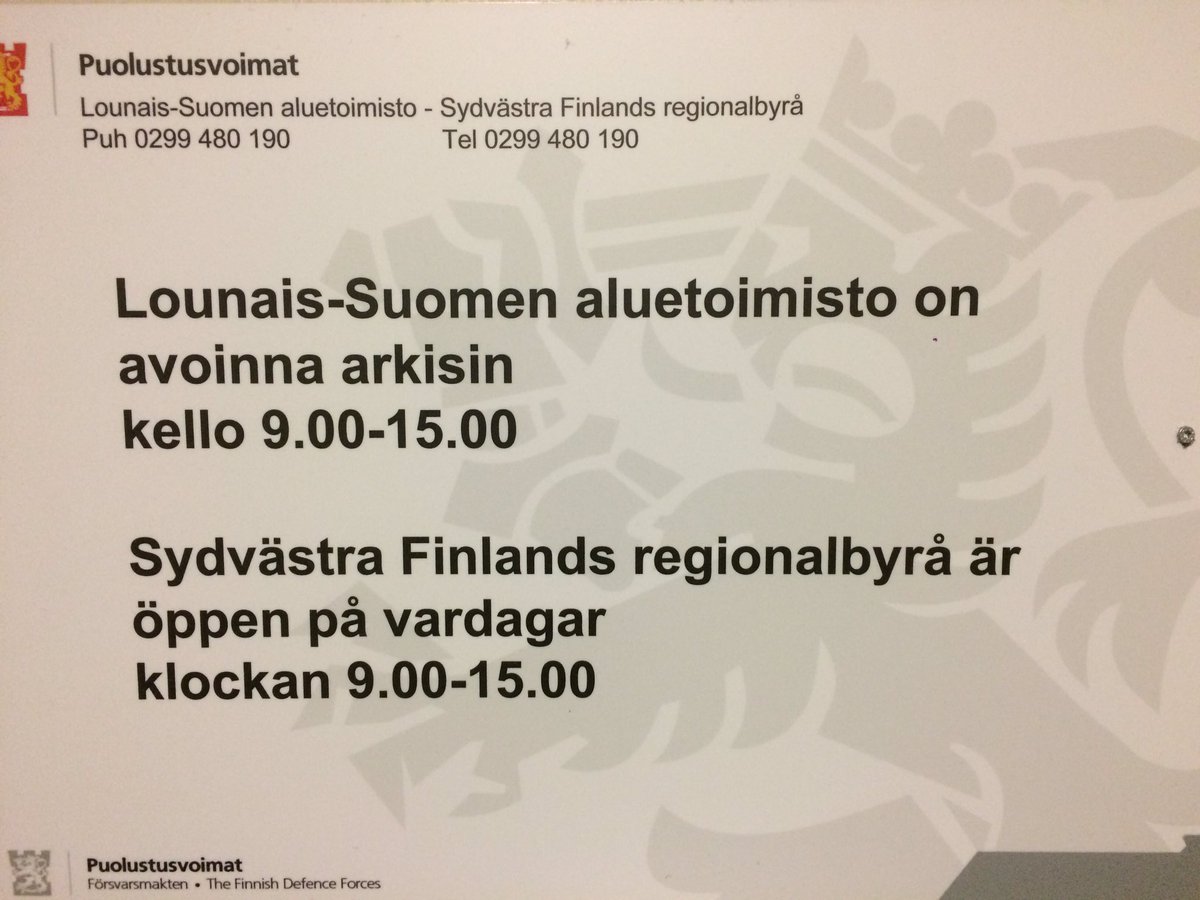 joni_lindeman's tweet photo. Lounais-Suomen aluetoimiston asiakaspalvelu palvelee asevelvollisia normaalisti MA-PE klo 0900-1500 vallitsevasta tilanteesta huolimatta. Asiakkaita kehoitetaan kuitenkin asioimaan sähköpostilla tai puhelimella.
@PorinPR @Maavoimat @Puolustusvoimat @DefenceFinland #lsaltsto https://t.co/yGdb2Jiu61