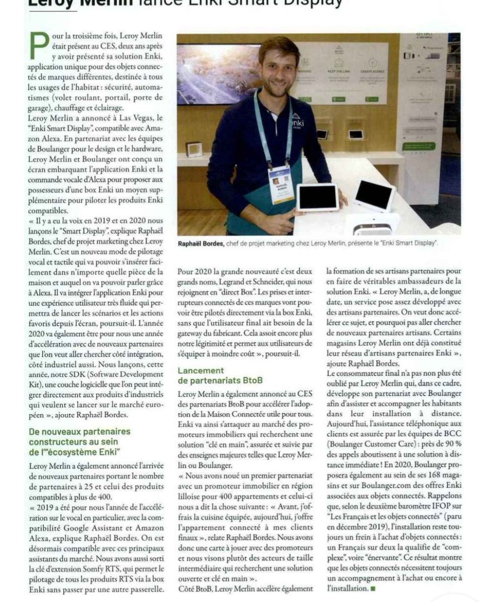 Merci <a href="/VerreProtection/">Verre & Protections magazine</a> et <a href="/FredTaddei/">Frédéric Taddei</a>  pour ce super article détaillant nos actions pour faire de <a href="/Enki_app/">Enki Maison Connectée</a> de <a href="/leroymerlinfr/">Leroy Merlin</a> et <a href="/boulanger/">Boulanger</a> la solution #smarthome préférée des Français 🤩😃! A très bientôt pour continuer à vous faire suivre cette belle aventure ! #maisonconnectée