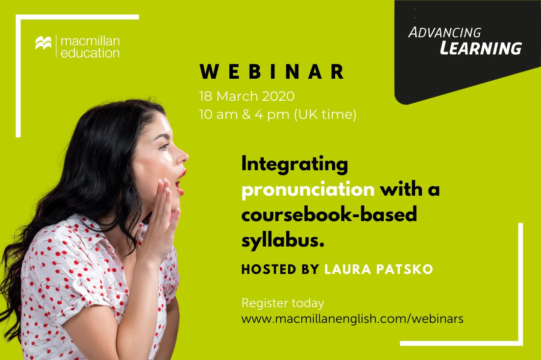 MacmillanELT's tweet photo. #WEBINAR If you're lacking the time and confidence to teach #pronunciation, then make sure to join our next webinar. Join Laura Patsko @lauraahaha to explore how to make the most of your coursebook’s pronunciation content. Register today https://t.co/pIeiwVpFOj #ELTPronunciation https://t.co/qaXIwHjrpu