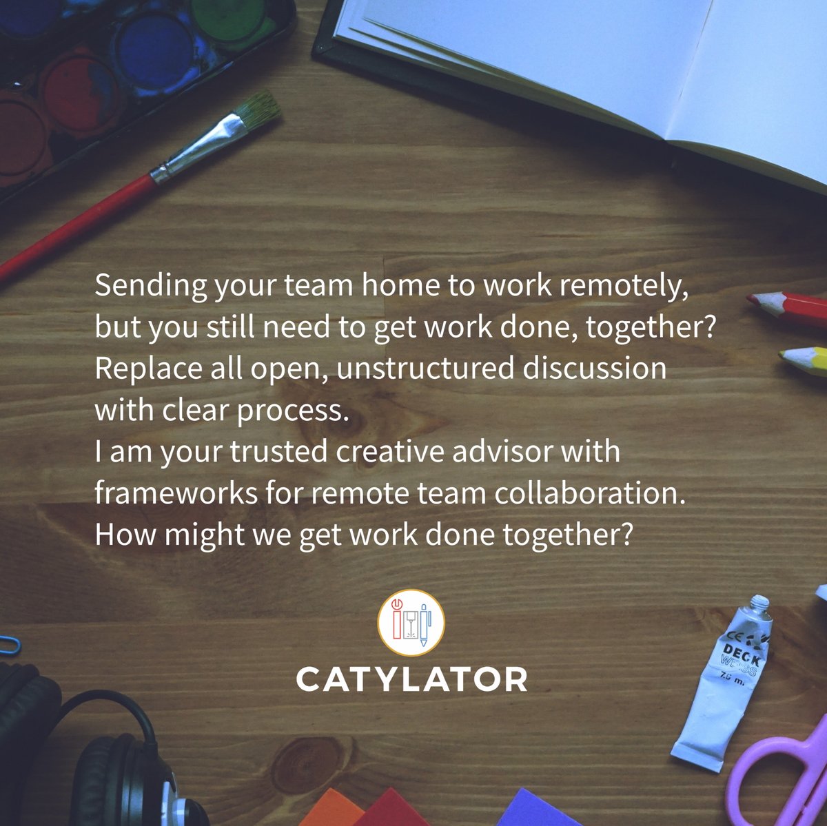 catylator's tweet photo. Are you sending your team home to work remotely, and are anxious about how they can still work collaboratively together?
Replacing open, unstructured and unfocused discussion with clear process is the key. I have structured frameworks to help!

#EONation #collaboration #teamwork https://t.co/wP6wHB3rkM