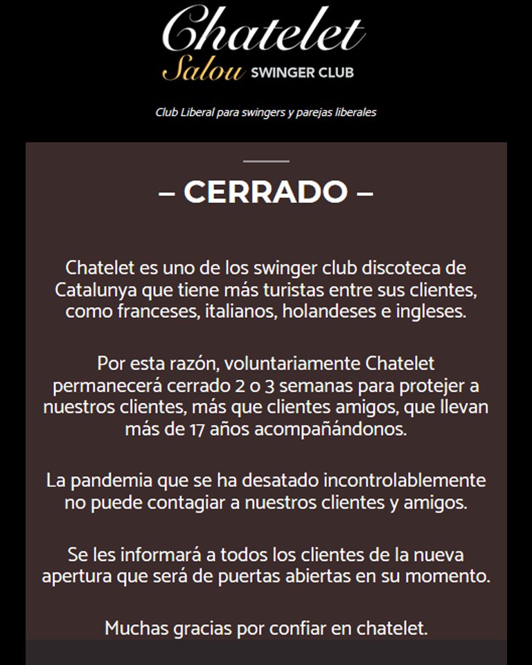 gentelibre_sw's tweet photo. El Swinger Club Chatelet de Salou
permanecerá cerrado hasta nuevo aviso

#ChateletSalou #SwingersTarragona #DiscotecaLiberal #Salou #ClubSwinger #Tarragona #swingersParty #GenteLibreSW #COVID19 https://t.co/Ct1jXRmgw9