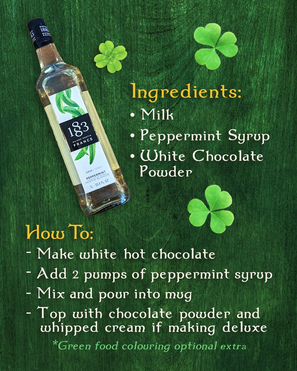 #StPatricksDay is round the corner! Here's our #paddysday recipe we call the The #shamrock Choc. Made using Peppermint <a href="/1883Syrups/">1883 Syrups</a> and <a href="/MonbanaOlivet/">Monbana Olivet</a> white hot chocolate powder! Get in contact to order either from us ☘️🍀 

📞 01934 853 800  ✉️Sales@lovecoffee.co.uk