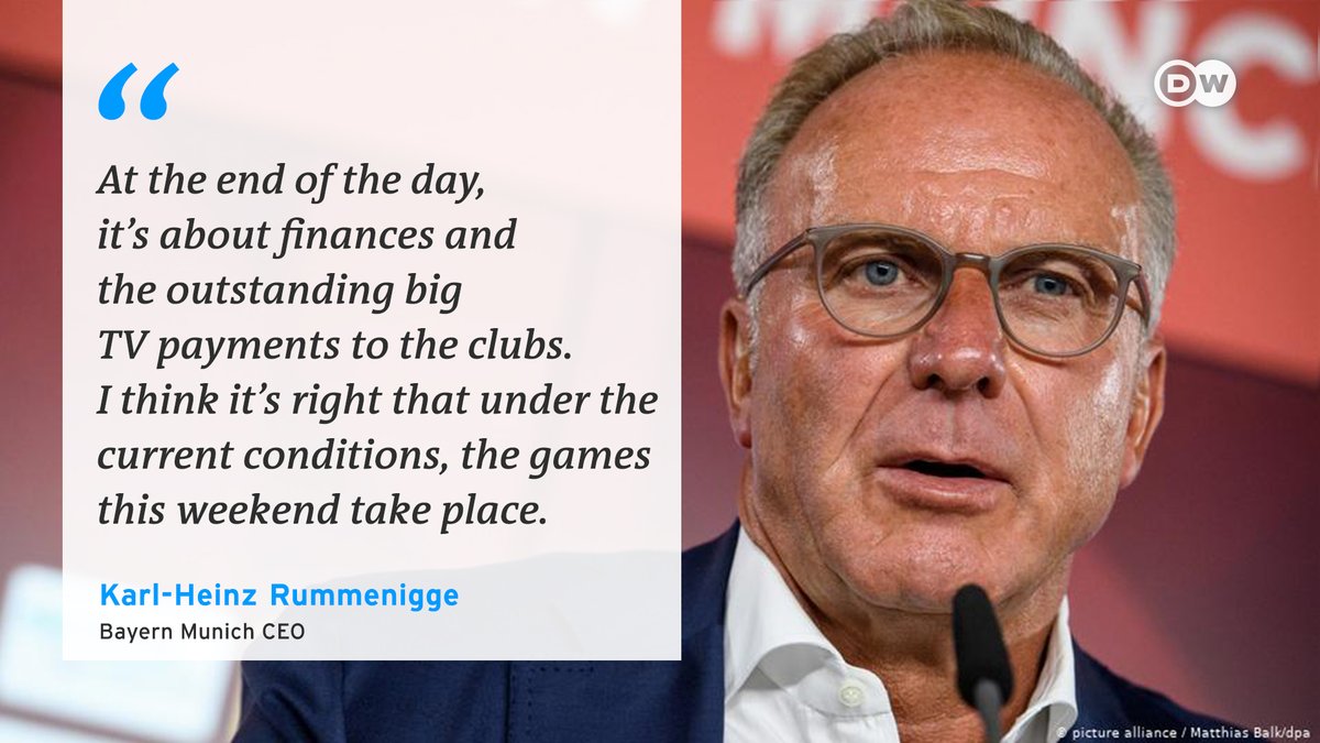 dw_sports's tweet photo. Bayern Munich's Karl-Heinz Rummenigge on playing Bundesliga football this weekend. #coronavirus https://t.co/3U1YYlp142
