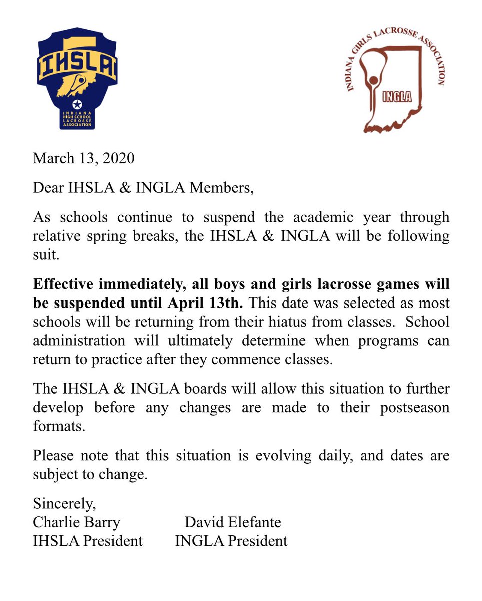 IHSLA Boys Lacrosse (@ihsla_lax) on Twitter photo <a href="/IHSLA_Lax/">IHSLA Boys Lacrosse</a> and <a href="/indianagirlslax/">Indiana HS Girls LAX</a> have made a joint statement on suspending the season to a later date. <a href="/IHSLA_Lax/">IHSLA Boys Lacrosse</a> and <a href="/indianagirlslax/">Indiana HS Girls LAX</a> have made a joint statement on suspending the season to a later date.