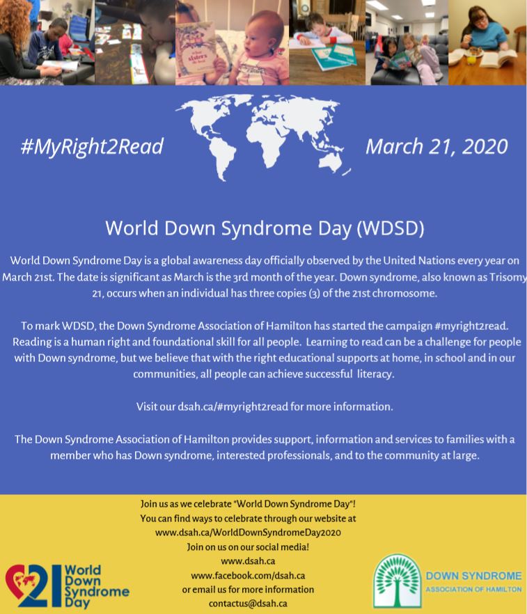 HWDSB's tweet photo. World Down Syndrome Day is March 21 and the Down Syndrome Association of Hamilton has started #myright2read. Reading is a human right and with the right educational supports all people can achieve successful literacy. Learn more at https://t.co/c5QZtU4Afh https://t.co/1R6ThaVPF3
