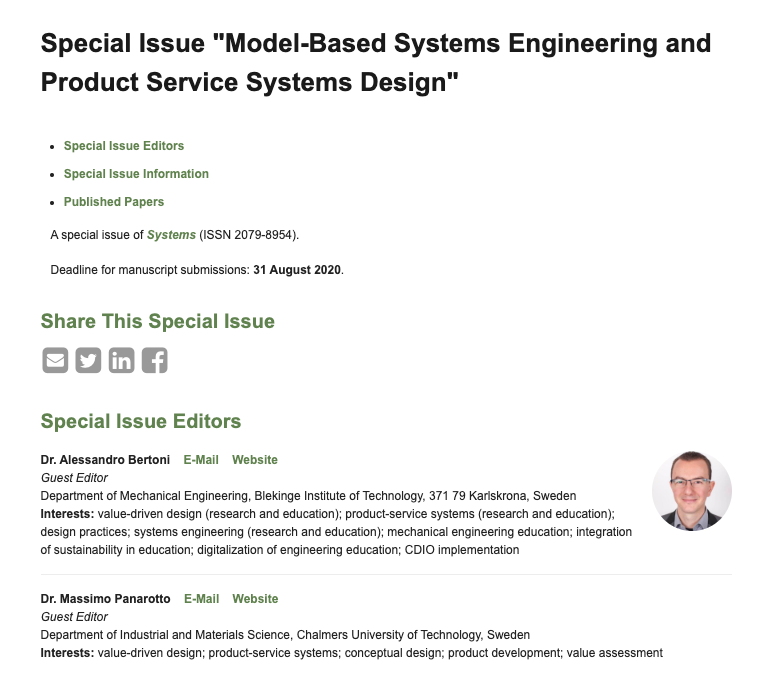 Alessandro Bertoni and PDRL alumni <a href="/MassimoPanarott/">Massimo Panarotto</a> will be guest editors for the MDPI Systems Journal Special Issue "Model-Based Systems Engineering and Product Service Systems Design". More info at: productdevelopment.se/?p=10272