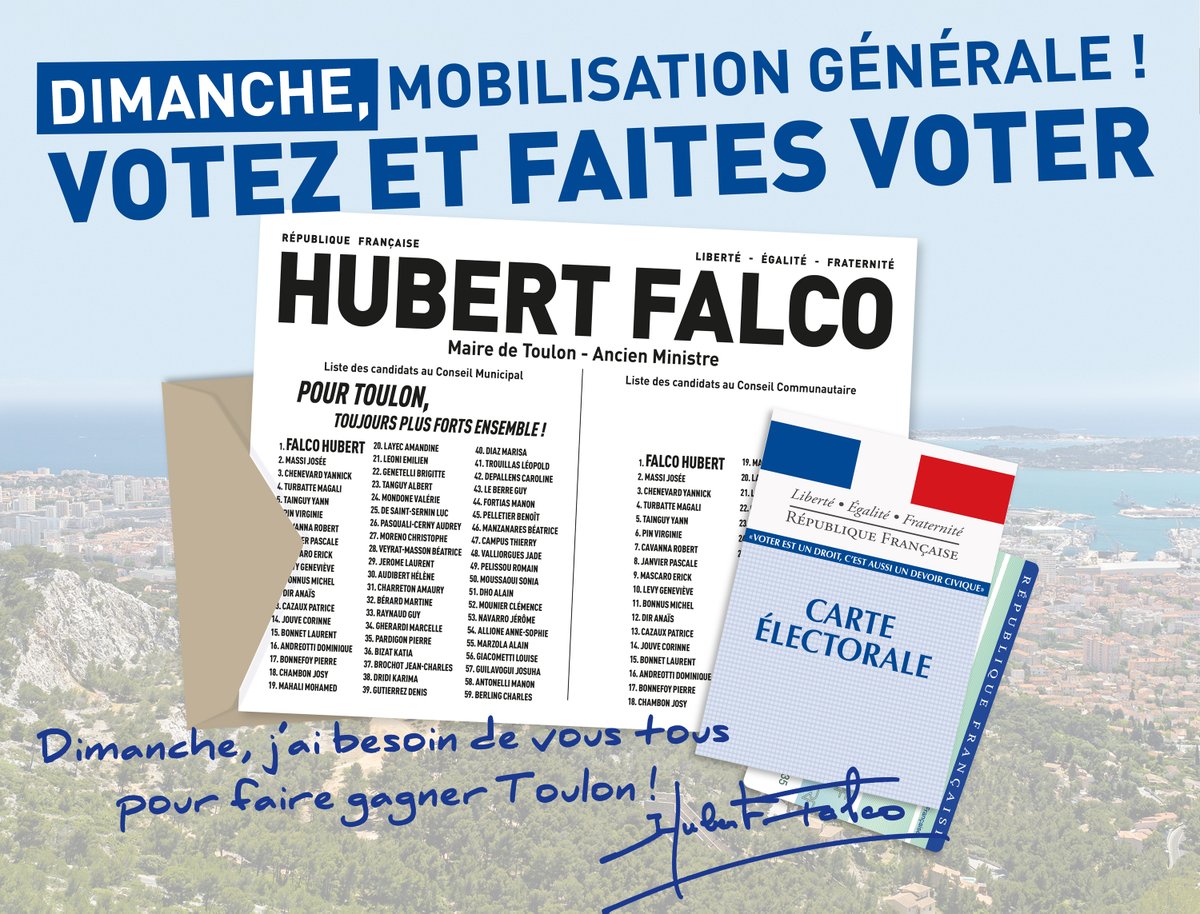 hubertfalco's tweet photo. Chers Toulonnais,
La campagne du 1er tour des #Municipales2020 se termine aujourd’hui dans un contexte inédit.
L’épidémie de #Coronavirus et les mesures prises par l’État pour ralentir les contaminations vont avoir des répercussions sur le quotidien de chacun. #Toulon #mun83000 https://t.co/fCREzVLfSJ