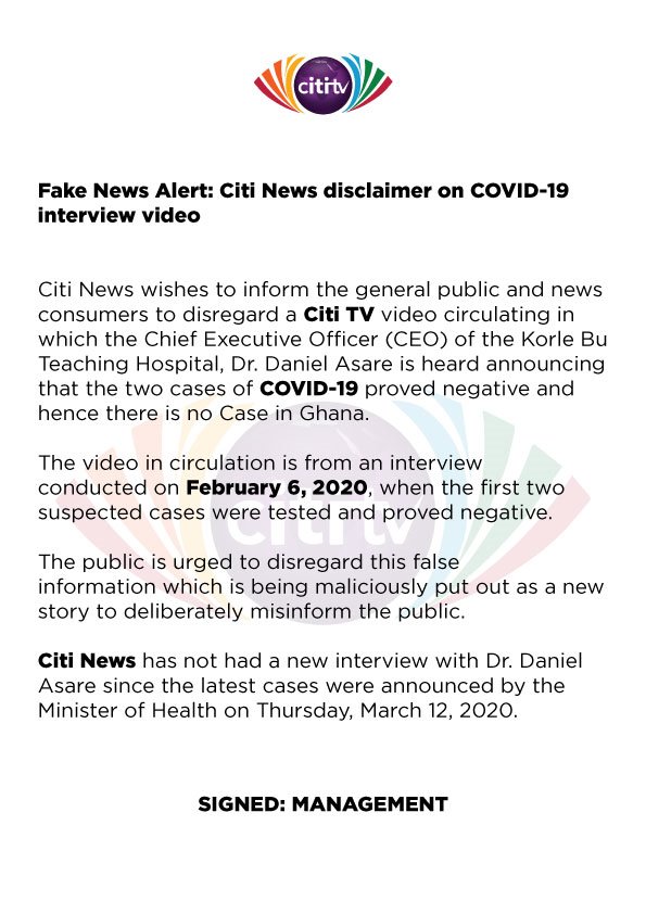 Citi973's tweet photo. Fake News Alert: Citi News disclaimer on COVID-19 interview video #CitiNewsroom https://t.co/xx0PKD3GsR