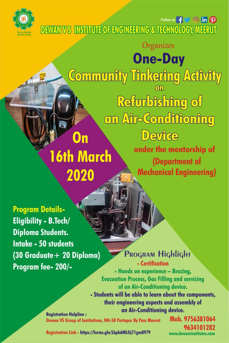 dewangrp's tweet photo. After successful season-1 on Tinkering of Two-Stroke Petrol Engine Department of Mechanical Engineering is going to organize another season of Community Tinkering Activity on "Refurbishing of Air-conditioning Device" on 16 March 2020@Workshop complex.
#dvsgi #dewangroup #meerut https://t.co/iX0zSAJuWv