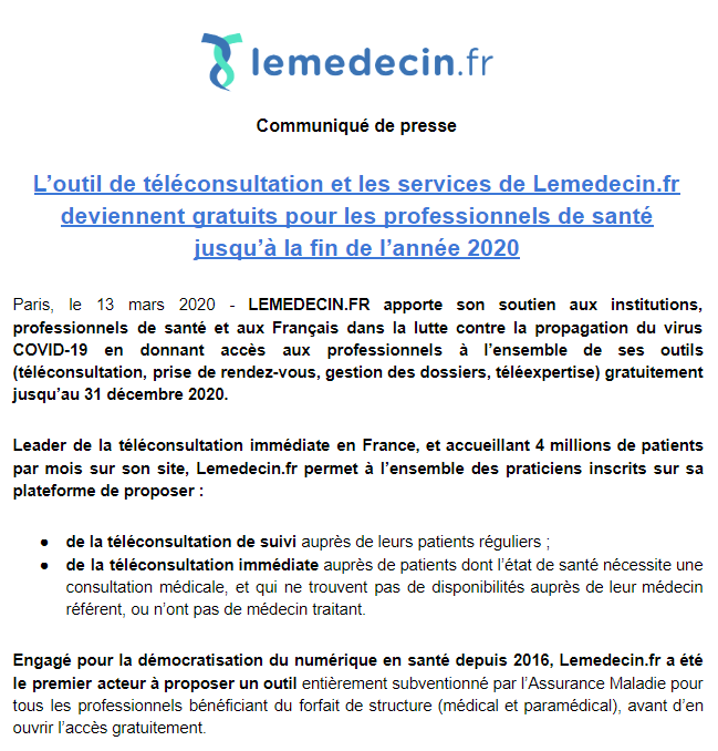 .<a href="/lemedecinfr/">LEMEDECIN.FR - Au service des patients</a> apporte son soutien dans l'accompagnement des populations face au #Covid_19 en donnant accès à l'ensemble de ses outils gratuitement pour les pros de #santé
▪️ #téléconsultation de suivi et immédiate
▪️ prise de rdv, agenda et gestion des dossiers
▪️ téléexpertise