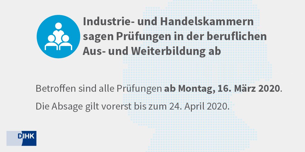 IHKs sagen Prüfungen ab. Durch die Absage der Prüfungen soll die Ausbreitung des Coronavirus verlangsamt und besonders gefährdete Bevölkerungsgruppen geschützt werden. Weitere Infos in unseren FAQs zum #COVIDー19: dihk.de/de/aktuelles-u…