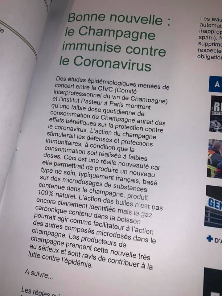 Champagne's tweet photo. Cette image circule sur les réseaux, mais nous vous confirmons qu’il s’agit d’une « fake news » ! En aucun cas des études tentant de prouver que le Champagne protège contre le Coronavirus ne sont en cours. Les gestes simples pour se protéger : https://t.co/5EOCeivEN6 https://t.co/2KRR6IIe7K