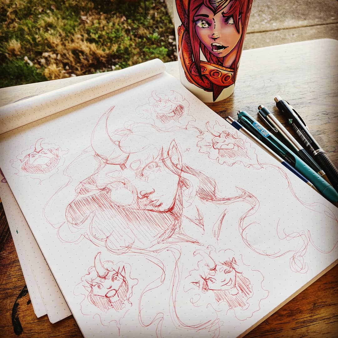 Name suggestions? 
.
.
.
#arthiccups #smallartbusiness #sketchbook #sketches #sketching #characterdoodle #dailyart #artfun #krazysidhe #hornedgirl #expressions #kofiartist #patreoncreator #patreonartist #queerartist #cartooning #funnyfaces😜 #pendrawing #ballpointpenart