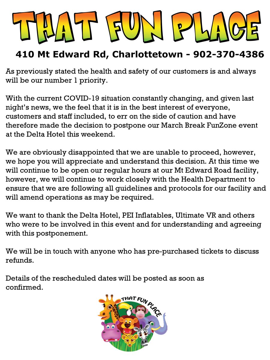 ThatFunPlacePEI's tweet photo. Hey folks, so we have an update for you regarding our March Break FunZone event this weekend! https://t.co/uc2Swh1kY2