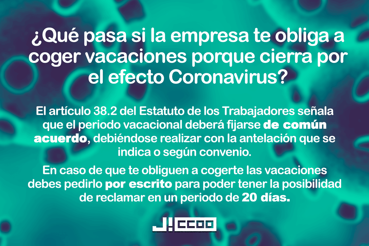 JovenesCCOO's tweet photo. Dudas laborales en tiempos de #Covid19 ⁉️

¿Qué pasa si la empresa te obliga a coger vacaciones porque decide cerrar por el efecto #Coronavirus?

Encontrarás más información sobre Coronavirus y trabajo en https://t.co/1oosY4dZJ8 https://t.co/Bw9dlpwkbp