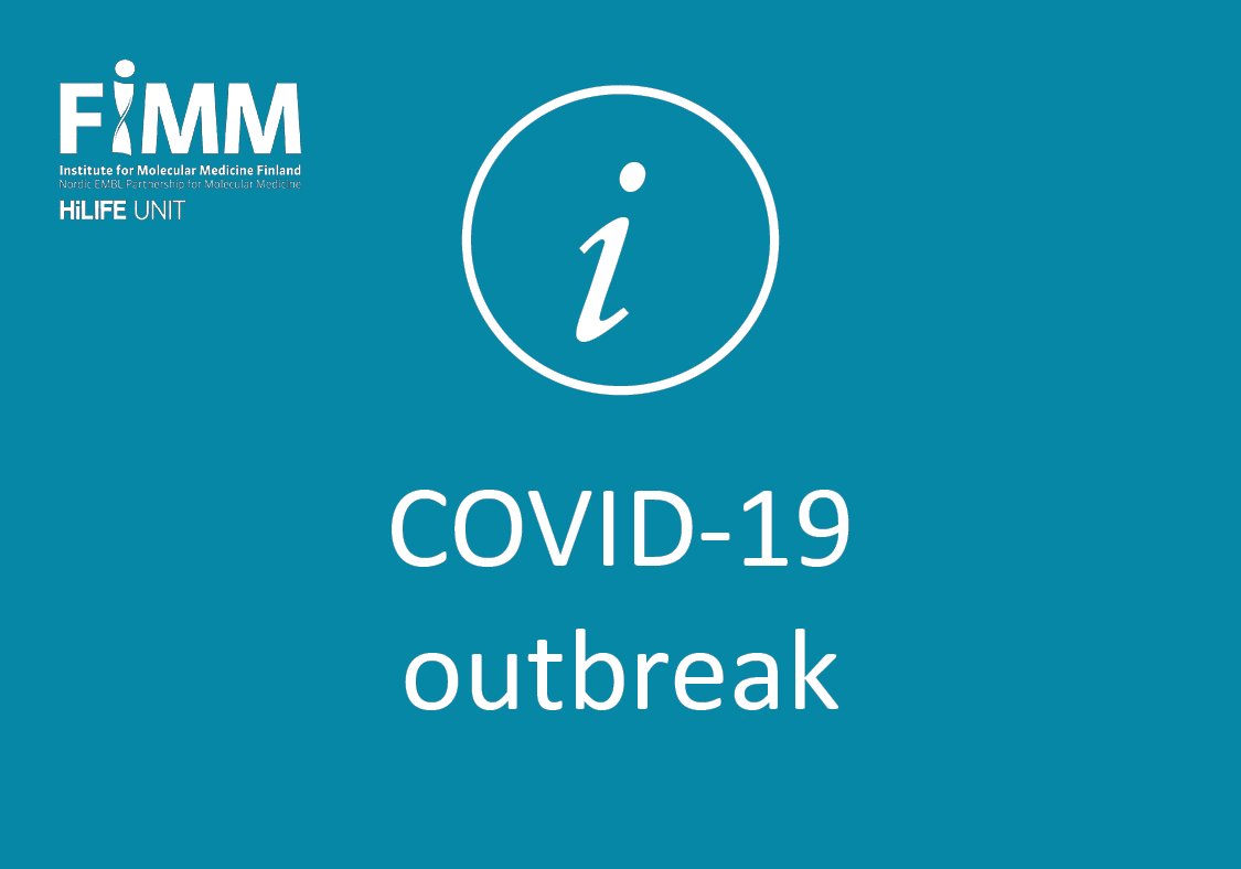 FIMM is taking proactive measures regarding the #COVID19 outbreak. We encourage our staff to work remotely whenever possible, and have suspended work-related travel, visits and F2F meetings to increase #socialdistancing. Read more here: fimm.fi/en/news/158410…