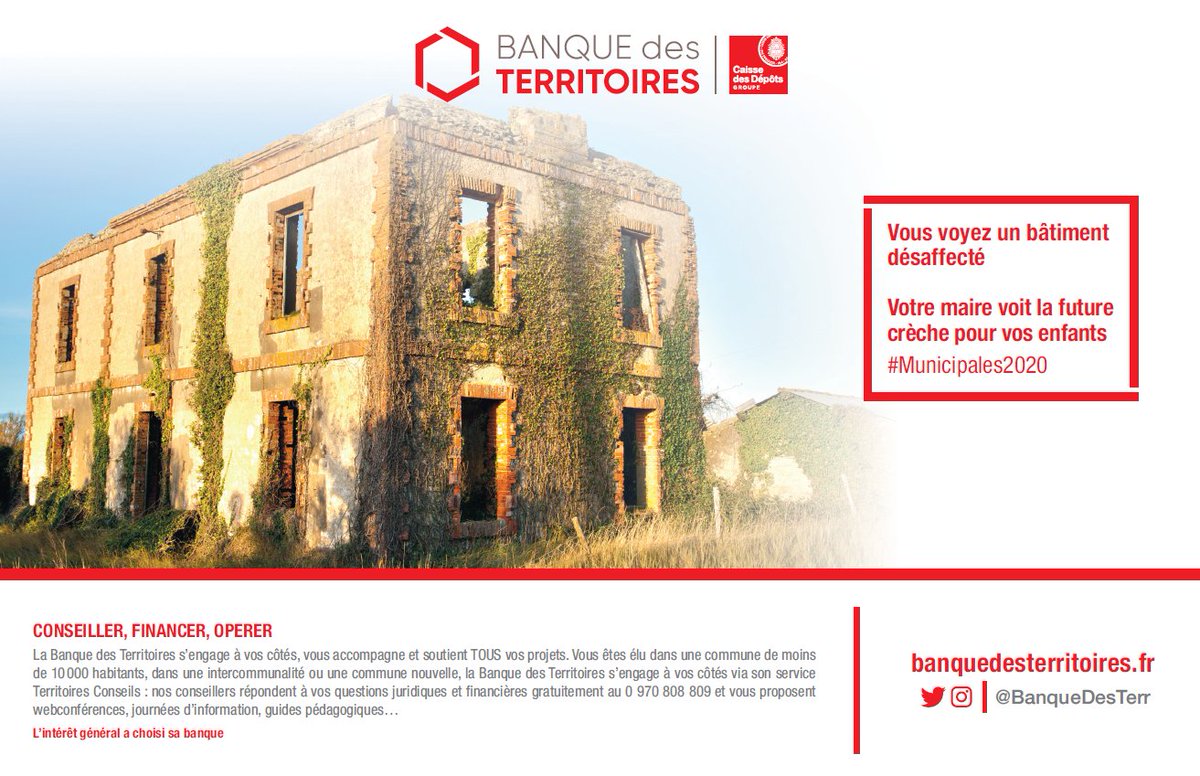 #Municipales2020 : A tous les #maires, nous vous rappelons que la <a href="/BanqueDesTerr/">Banque des Territoires</a> est à votre écoute pour vous accompagner, conseiller, opérer ou encore financer vos projets ! 👉 bit.ly/2U6t6Qr
#PourTousLesTerritoires #AFondLesTerritoires 🇫🇷