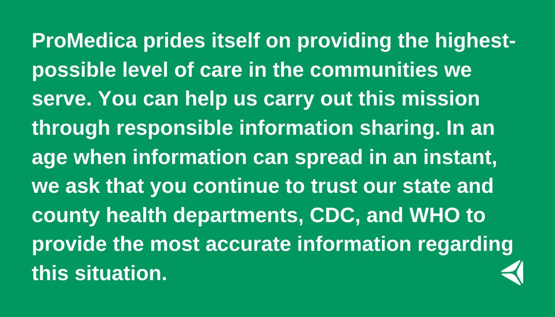 ProMedicaHealth's tweet photo. Please share: An important message from ProMedica regarding #Coronavirus #COVID19 rumors. 

For more information about how ProMedica is addressing this ever-changing situation, visit: https://t.co/5zaL7Ayrud https://t.co/5o5tgVDhTD